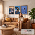 Quadro Decorativo Kit 3 Telas Águia e Montanhas para Sala | quadros decorativos para sala de estar | águia voando e pousada em galho nevado, com montanha ao pôr do sol | em ambiente 3 | Porao dos Quadros