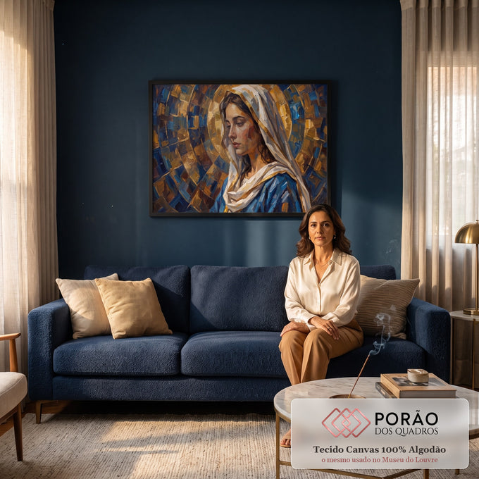 Quadro Decorativo Grande Nossa Senhora Azul para Sala Azul | quadros decorativos para sala de estar | mulher de véu branco e manto azul com halo dourado em estilo mosaico | em ambiente 3 | Porao dos Quadros