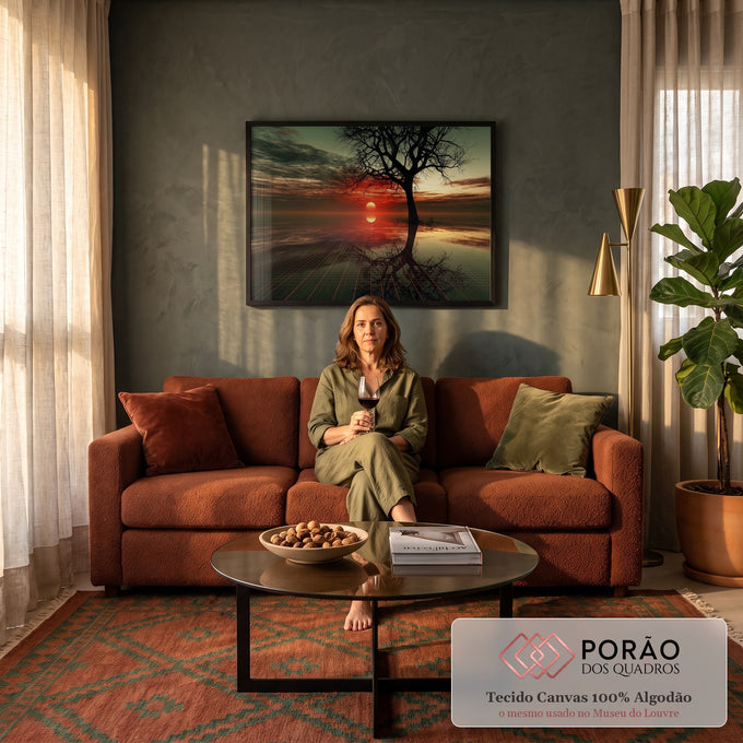 Quadro Decorativo Grande Árvore Seca para Sala Vermelho | quadros decorativos para sala de estar | árvore seca silhueta sobre pôr do sol vermelho com grade digital na água | em ambiente 3 | Porao dos Quadros