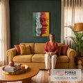 Perfil de mulher de olhos fechados em pó rachado vermelho, amarelo, verde e branco, quadro decorativo