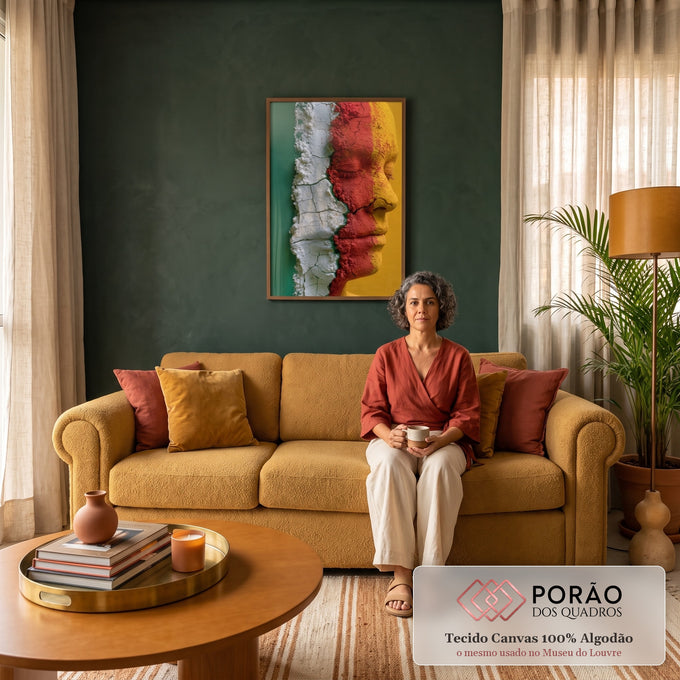 Perfil de mulher de olhos fechados em pó rachado vermelho, amarelo, verde e branco, quadro decorativo