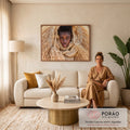 Quadro Decorativo Grande Retrato Tribal para Sala Bege | quadros decorativos para sala de estar | retrato de mulher envolta em capuz de fibras secas e colar de búzios brancos | em ambiente 3 | Porao dos Quadros