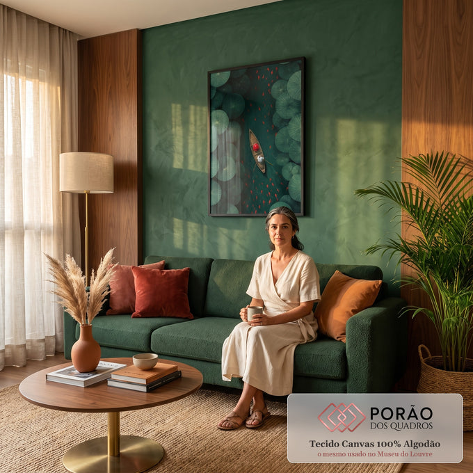 Quadro Decorativo Barco em Rio com Lótus e Peixes Vermelhos | quadros decorativos para sala de estar | vista aérea de barco de madeira entre folhas de lótus e peixes vermelhos nadando | em ambiente 3 | Porao dos Quadros