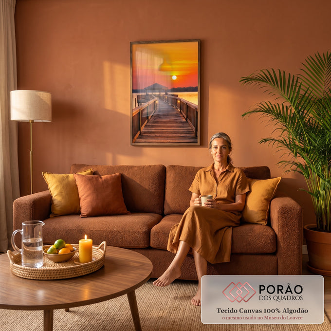 Quadro Decorativo Grande Píer de Madeira para Sala Laranja | quadros decorativos para sala de estar | deck de madeira levando a quiosque com pôr do sol laranja refletido na água | em ambiente 3 | Porao dos Quadros