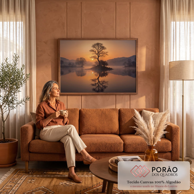 Quadro Decorativo Grande Árvore Solitária Névoa para Sala | quadros decorativos para sala de estar | árvore solitária em ilha com pôr do sol laranja refletido no lago calmo | em ambiente 3 | Porao dos Quadros