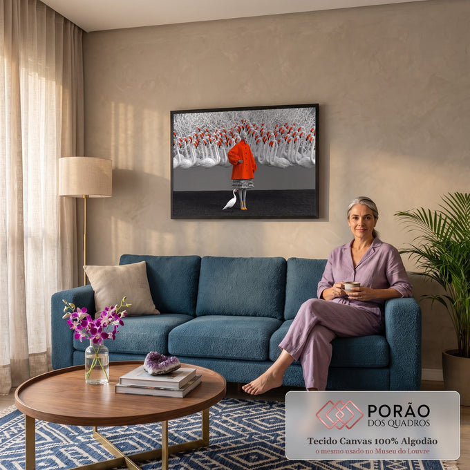 Mulher de casaco laranja e saia pied de poule entre cisnes brancos e galhos secos, quadro decorativo