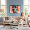 Quadro Decorativo Grande Rosto com Veleiro para Sala Azul | quadros decorativos para sala de estar | rosto em azul-petróleo com veleiro laranja sobreposto na boca e círculo laranja no olho | em ambiente 3 | Porao dos Quadros