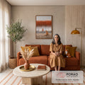 Quadro Decorativo Grande Raposa e Figura para Sala Laranja | quadros decorativos para sala de estar | raposa laranja e figura de manto vermelho em campo com pássaros sob flores vermelhas | em ambiente 3 | Porao dos Quadros