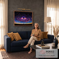 Quadro Decorativo Grande Buraco Negro para Sala Preto | quadros decorativos para sala de estar | buraco negro com espiral de luz colorida e silhueta de pessoa observando | em ambiente 3 | Porao dos Quadros