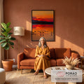 Flamingos em silhueta voando sobre lago refletindo pôr do sol laranja e vermelho, quadro decorativo