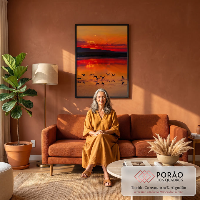 Flamingos em silhueta voando sobre lago refletindo pôr do sol laranja e vermelho, quadro decorativo