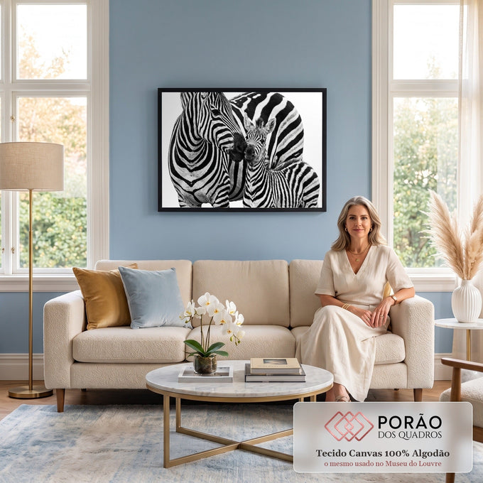 Zebra e filhote encostando os focinhos em fotografia preto e branco com fundo branco, quadro decorativo
