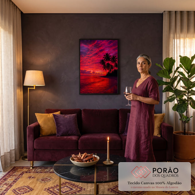Céu vermelho em chamas sobre praia tropical com coqueiros em silhueta e mar refletido, quadro decorativo