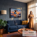 Quadro Decorativo Grande Jesus o Leão para Sala Laranja | quadros decorativos para sala de estar | Jesus com a mão sobre um leão branco diante de pôr do sol em montanhas | em ambiente 3 | Porao dos Quadros