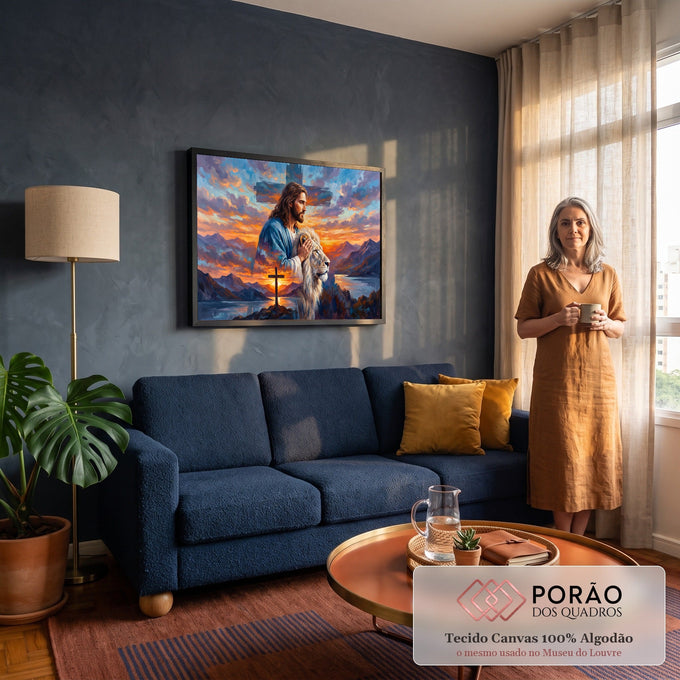 Quadro Decorativo Grande Jesus o Leão para Sala Laranja | quadros decorativos para sala de estar | Jesus com a mão sobre um leão branco diante de pôr do sol em montanhas | em ambiente 3 | Porao dos Quadros
