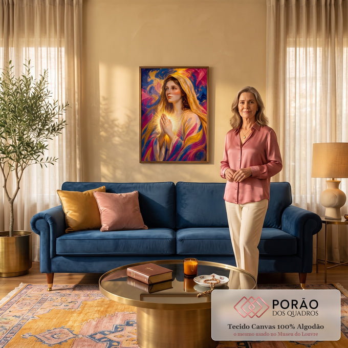 Quadro Decorativo Grande Nossa Senhora Luz Dourada para Sala | quadros decorativos para sala de estar | mulher em oração com véu dourado e luz radiante sobre fundo abstrato colorido | em ambiente 3 | Porao dos Quadros