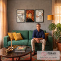 Quadro Decorativo Kit 3 Telas Grito Edvard Munch para Sala | quadros decorativos para sala de estar | três telas com O Grito de Munch em sépia e laranja e painel abstrato terroso | em ambiente 3 | Porao dos Quadros
