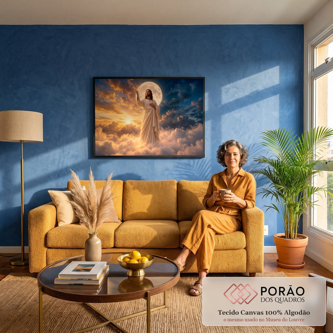 Quadro Decorativo Grande Jesus Cristo Lua para Sala Dourado | quadros decorativos para sala de estar | figura de Jesus em túnica branca com lua cheia atrás da cabeça sobre nuvens | em ambiente 3 | Porao dos Quadros