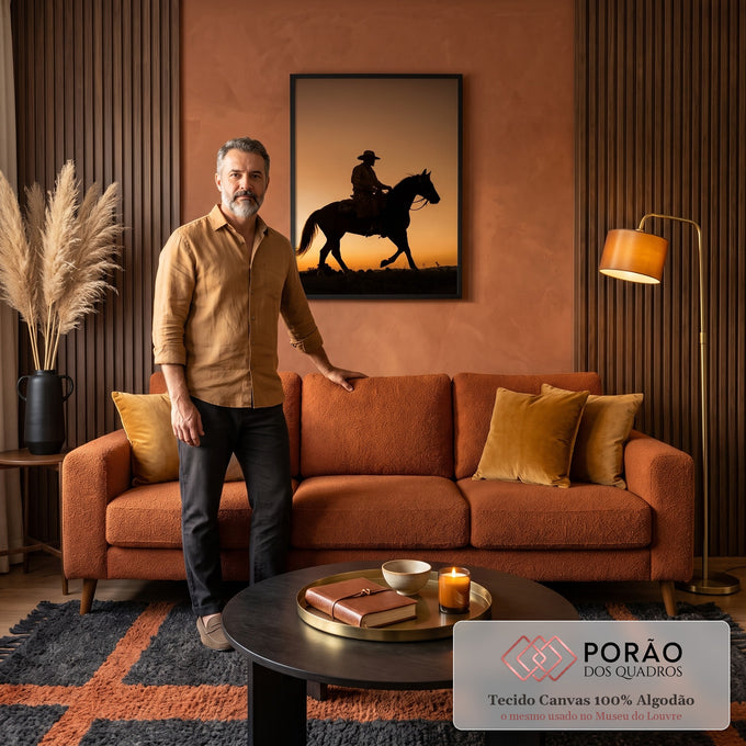 Silhueta de vaqueiro de chapéu montado em cavalo contra céu laranja de pôr do sol, quadro decorativo