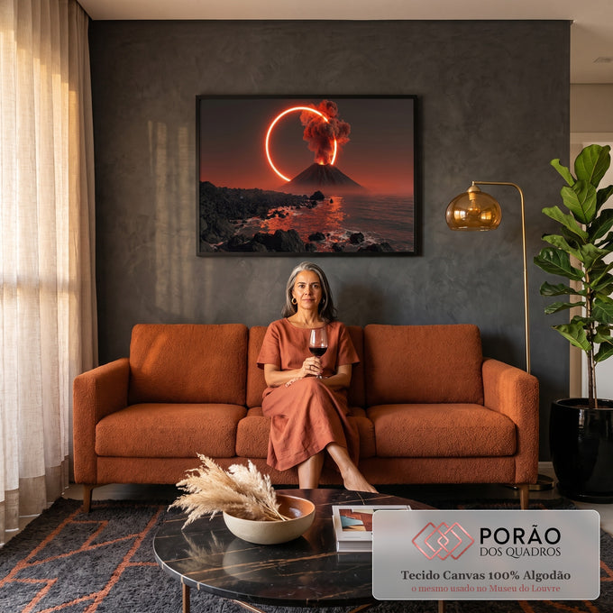 Quadro Decorativo Grande Vulcão em Erupção para Sala Preto | quadros decorativos para sala de estar | vulcão em erupção com fumaça vermelha dentro de um anel de luz dourada | em ambiente 3 | Porao dos Quadros
