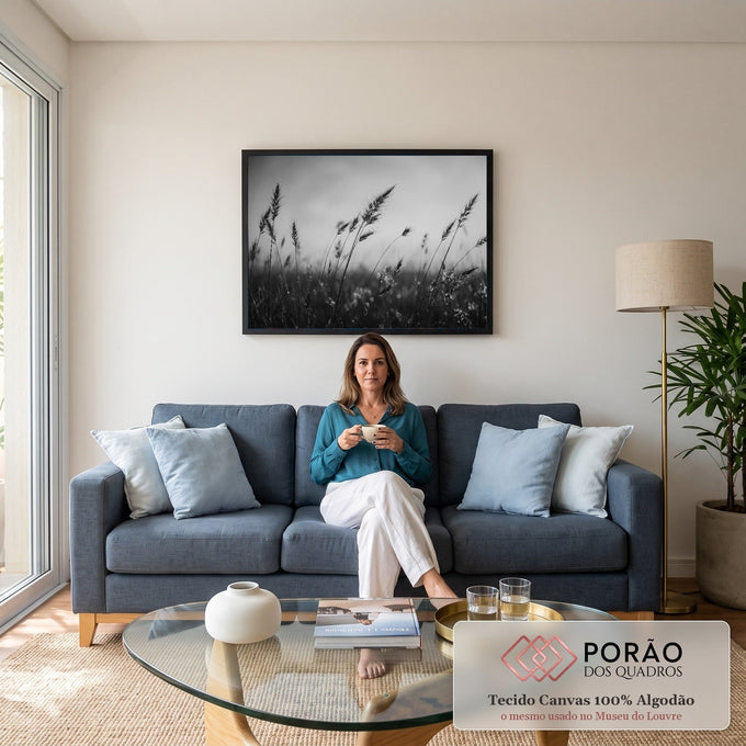 Fotografia preto e branco de capim silvestre balançando ao vento com gotas de orvalho, quadro decorativo