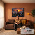 Quadro Decorativo Grande Águia Pôr do Sol para Sala Laranja | quadros decorativos para sala de estar | águia pousada em rocha com pôr do sol laranja e montanhas ao fundo | em ambiente 3 | Porao dos Quadros