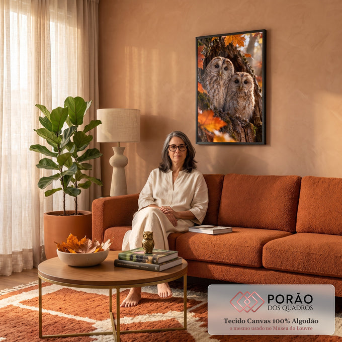 Duas corujas filhotes aconchegadas no oco de um tronco com musgo e folhas de outono, quadro decorativo