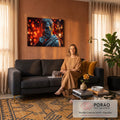 Busto de mármore de filósofo grego barbudo com a mão no queixo e luzes bokeh vermelhas, quadro decorativo