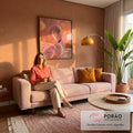 Flamingo rosa em close com pescoço curvado, olho amarelo e fundo desfocado em luz quente, quadro decorativo