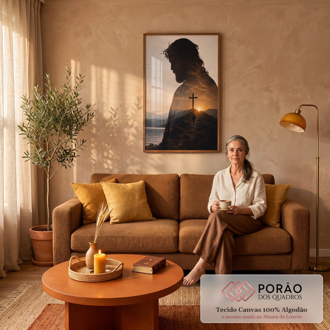 Quadro Decorativo Grande Jesus Cristo Cruz para Sala Marrom | quadros decorativos para sala de estar | silhueta de Jesus com coroa de espinhos sobreposta a cruz e pôr do sol em montanhas | em ambiente 3 | Porao dos Quadros