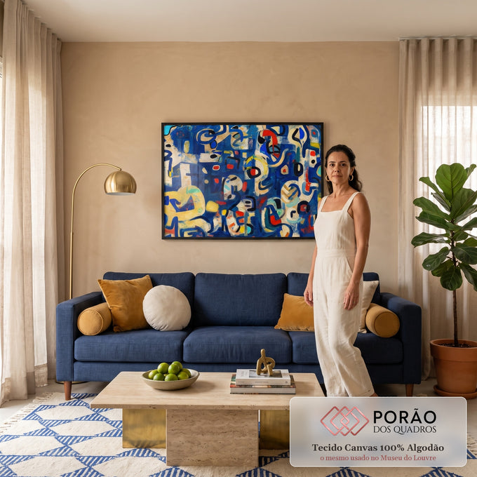 Pintura abstrata modernista em azul com formas em bege, vermelho, amarelo e preto, quadro decorativo
