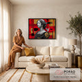 Quadro Decorativo Grande Busto Clássico para Sala Vermelho | quadros decorativos para sala de estar | busto feminino clássico em preto e branco com pomba branca e fundo geométrico vermelho e dourado | em ambiente 3 | Porao dos Quadros