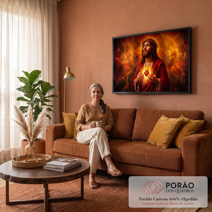 Quadro Decorativo Grande Jesus Cristo Chamas para Sala | quadros decorativos para sala de estar | Jesus Cristo com coroa de espinhos e coração sagrado em chamas sobre fundo de fogo | em ambiente 3 | Porao dos Quadros