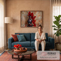 Quadro Decorativo Grande Papoulas Pétalas para Sala Vermelho | quadros decorativos para sala de estar | vaso azul com papoulas vermelhas ao lado de xícara de café sobre fundo rústico | em ambiente 3 | Porao dos Quadros