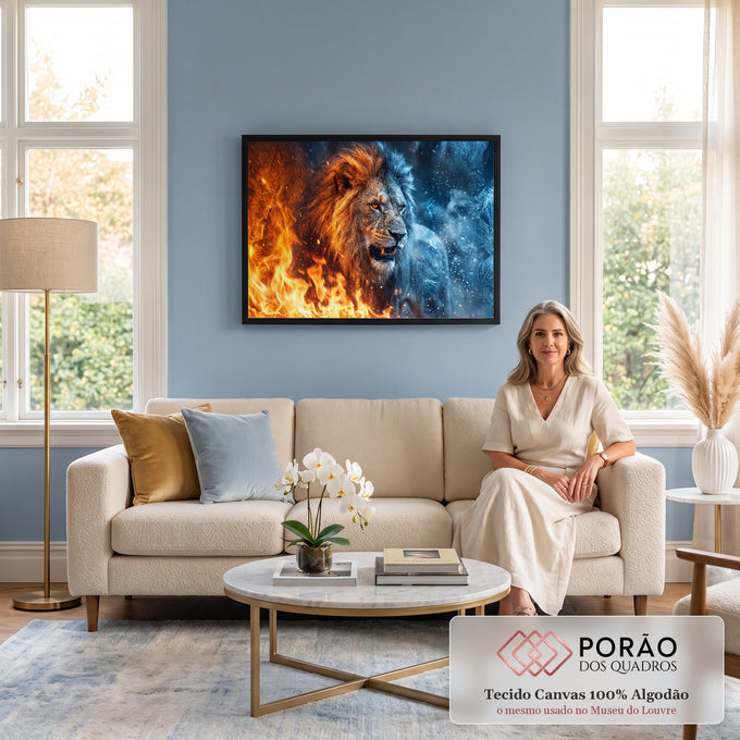 Leão rugindo com metade da juba em chamas laranja e metade coberta de gelo azul, quadro decorativo