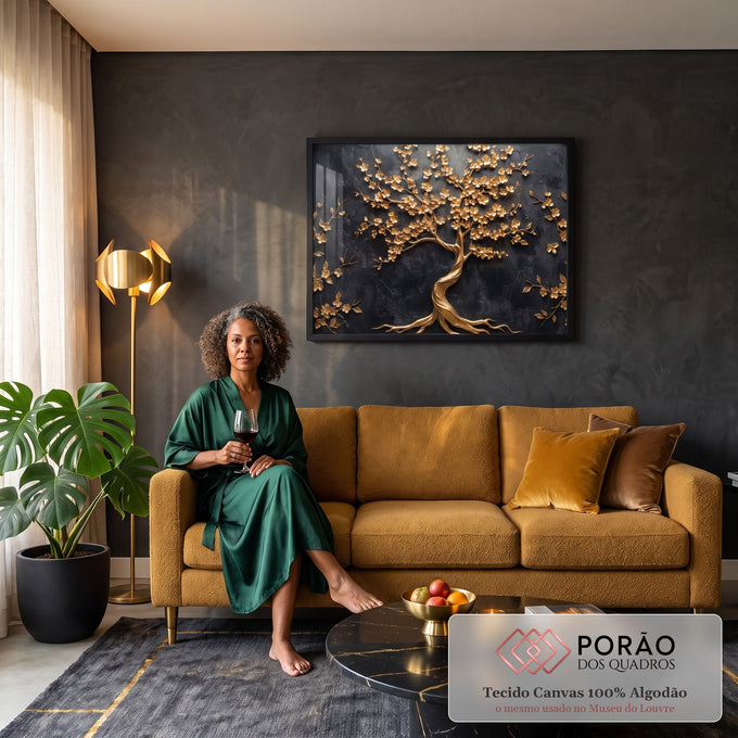 Quadro Decorativo Grande Árvore Dourada Relevo para Sala | quadros decorativos para sala de estar | árvore dourada em relevo com flores sobre fundo preto texturizado | em ambiente 3 | Porao dos Quadros