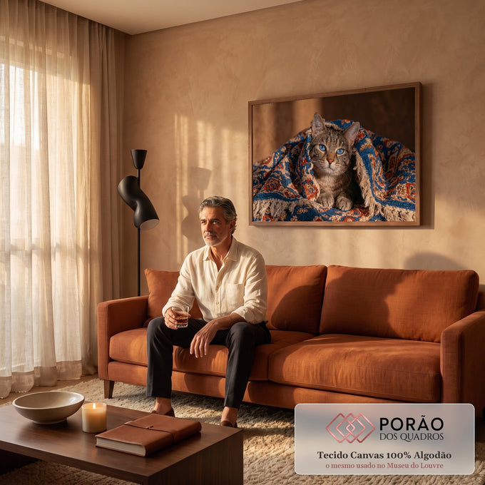 Gato tabby de olhos azuis aconchegado em manta azul estampada com franjas, quadro decorativo