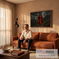 Quadro Decorativo Grande Xangô com Machado para Sala | quadros decorativos para sala de estar | homem com manto vermelho e machado duplo diante de raios nas montanhas | em ambiente 3 | Porao dos Quadros