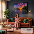 Quadro Decorativo Grande Estrada Entre Pinheiros para Sala | quadros decorativos para sala de estar | estrada entre pinheiros com pôr do sol e céu colorido em rosa e laranja | em ambiente 3 | Porao dos Quadros