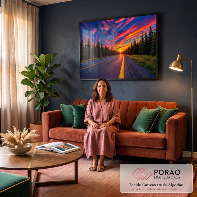 Quadro Decorativo Grande Estrada Entre Pinheiros para Sala | quadros decorativos para sala de estar | estrada entre pinheiros com pôr do sol e céu colorido em rosa e laranja | em ambiente 3 | Porao dos Quadros