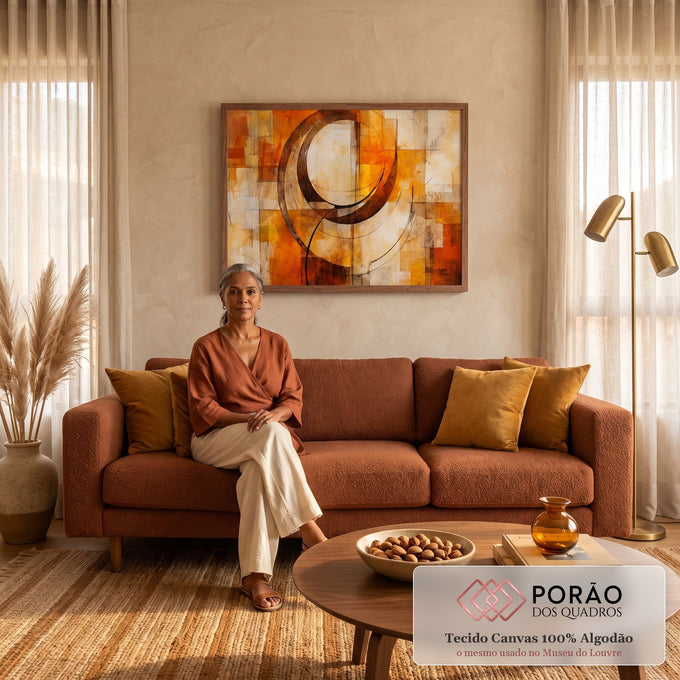 Pintura abstrata com arcos marrons e linhas finas sobre blocos laranja e bege, quadro decorativo