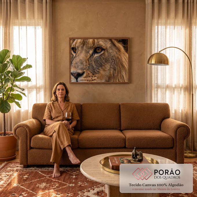 Quadro Decorativo Grande Leão em Close para Sala Marrom | quadros decorativos para sala de estar | close do rosto de leão com olhos âmbar e juba dourada detalhada | em ambiente 3 | Porao dos Quadros