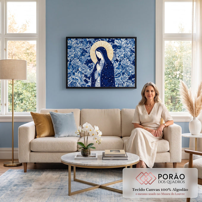 Nossa Senhora em oração com manto azul estrelado e auréola dourada sobre fundo floral azul, quadro decorativo