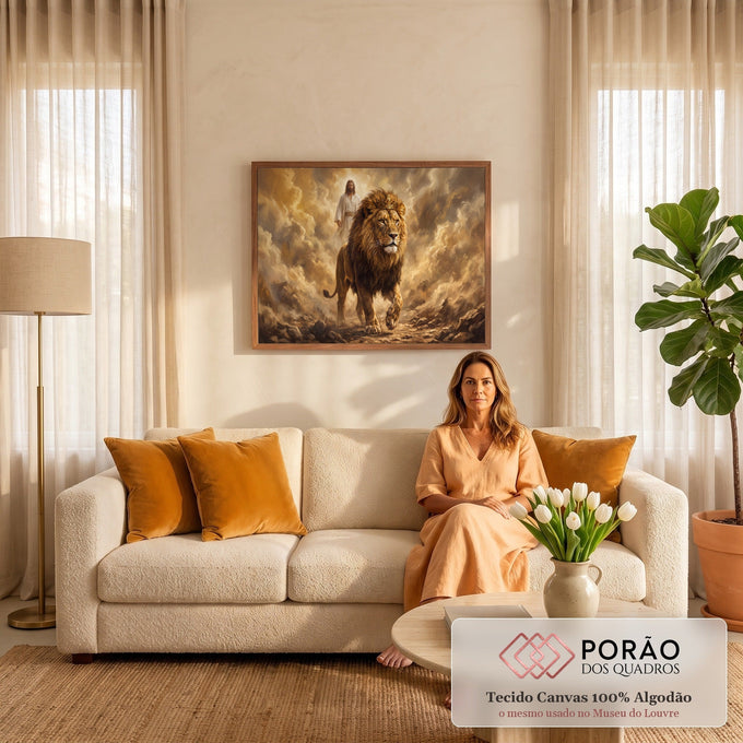 Leão coroado caminhando entre nuvens douradas com Jesus ao fundo, pintura a óleo, quadro decorativo