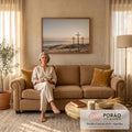 Quadro Decorativo Grande Três Cruzes de Jesus para Sala Bege | quadros decorativos para sala de estar | três cruzes de madeira em colina ao amanhecer com névoa no vale | em ambiente 3 | Porao dos Quadros