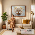 Árvore da Vida dourada com raízes dentro de círculo de ouro sobre fundo claro com folhas, quadro decorativo