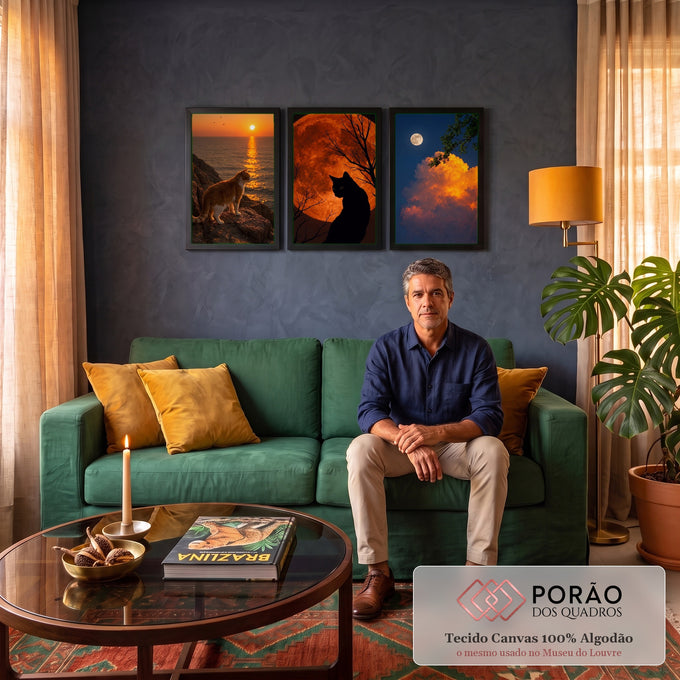 Quadro Decorativo Kit 3 Telas Gatos e Luas para Sala Laranja | quadros decorativos para sala de estar | trio de gatos sob luas em tons de laranja, preto e azul | em ambiente 3 | Porao dos Quadros