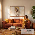 Jesus Cristo de olhos fechados, manto claro e auréola dourada em aquarela sépia, quadro decorativo