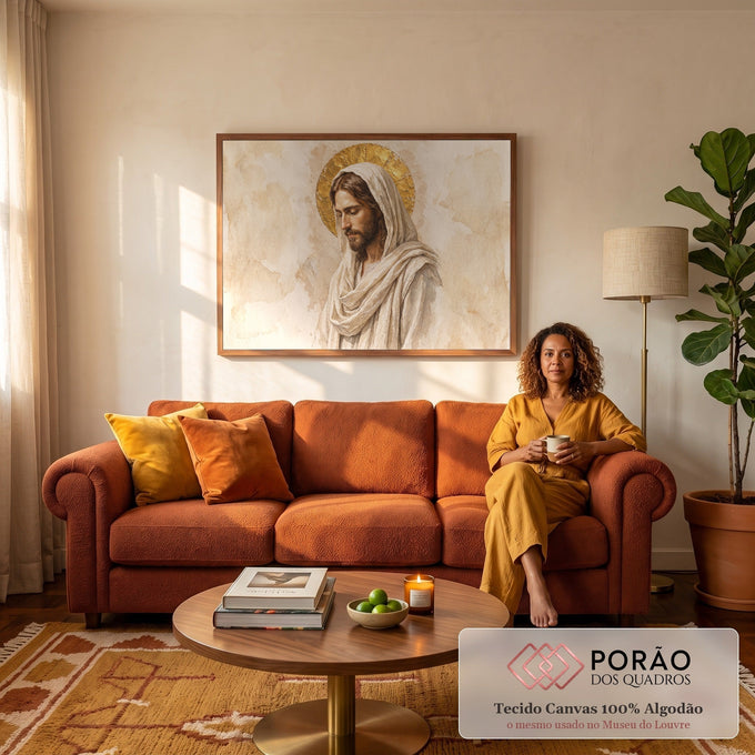 Jesus Cristo de olhos fechados, manto claro e auréola dourada em aquarela sépia, quadro decorativo