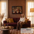 Jesus com auréola elevando hóstia sobre cálice dourado entre apóstolos orando na Santa Ceia quadro decorativo